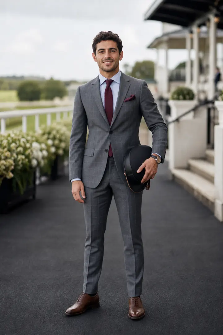 Racegoer in a tailored grey suit