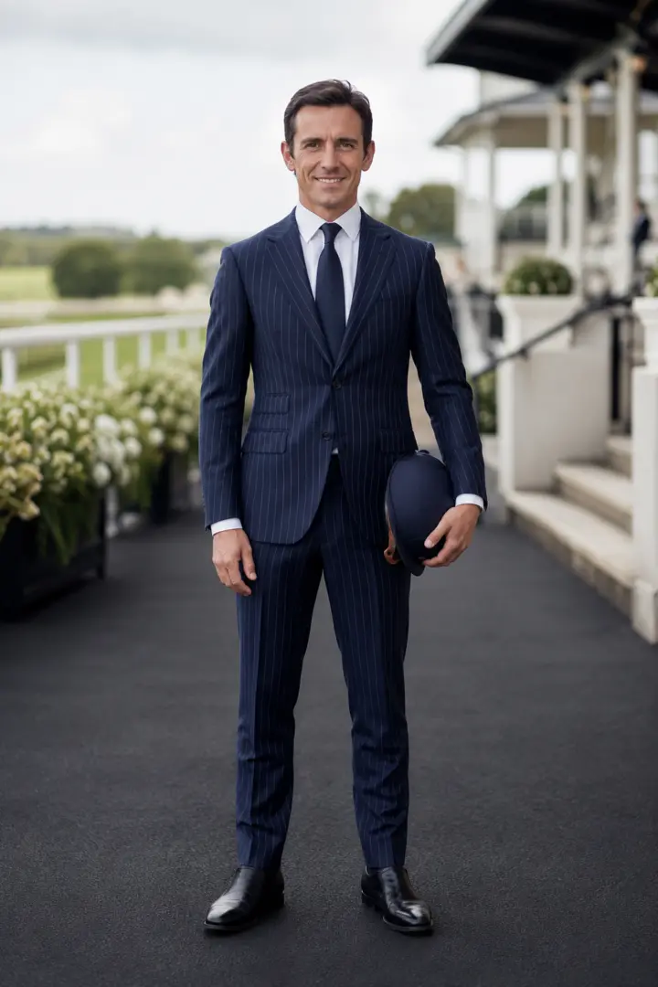 Racegoer in a navy pinstripe suit